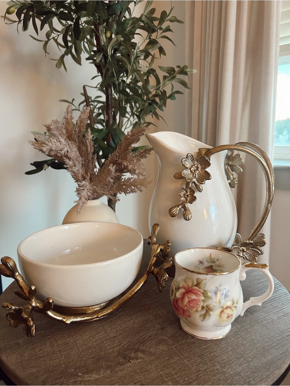 Elegant White Ceramic Pitcher and Bowl Set with Gold Floral Accents